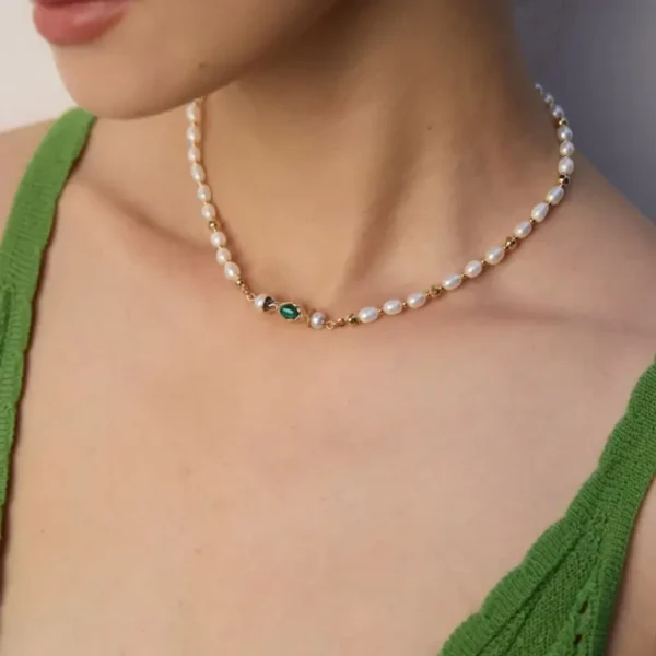 Simple Natural Pearl Malachite Necklace - Image 4