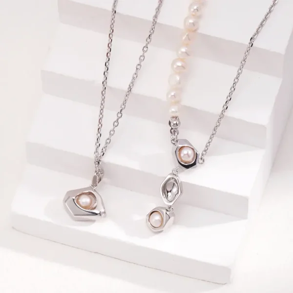 French Layering Sterling Silver Pearl Necklace 03