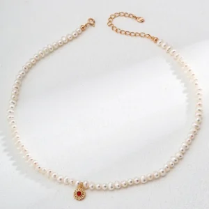 S925 Silver Natural Pearl & RedBlack Agate Necklace 01