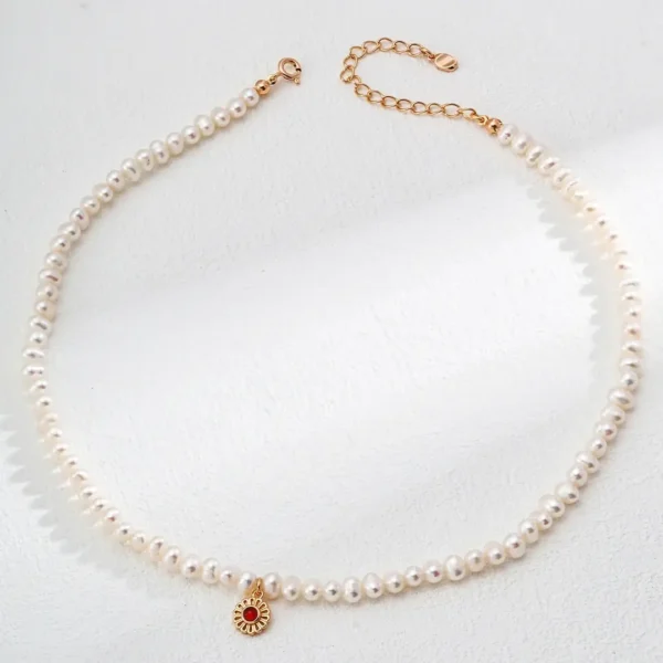 S925 Silver Natural Pearl & RedBlack Agate Necklace 01