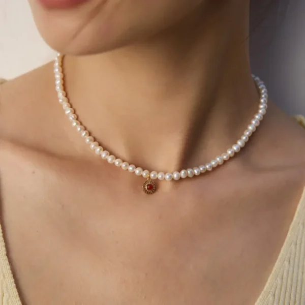 S925 Silver Natural Pearl & RedBlack Agate Necklace 03