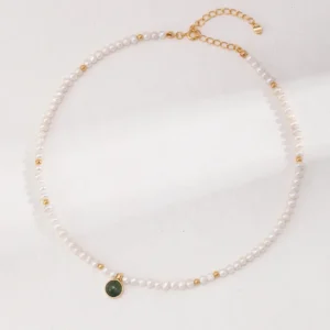 Sterling Silver Moss Agate & Pearl Necklace 01