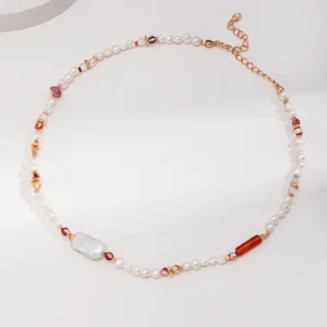 Strawberry Quartz & Baroque Pearl Necklace 01