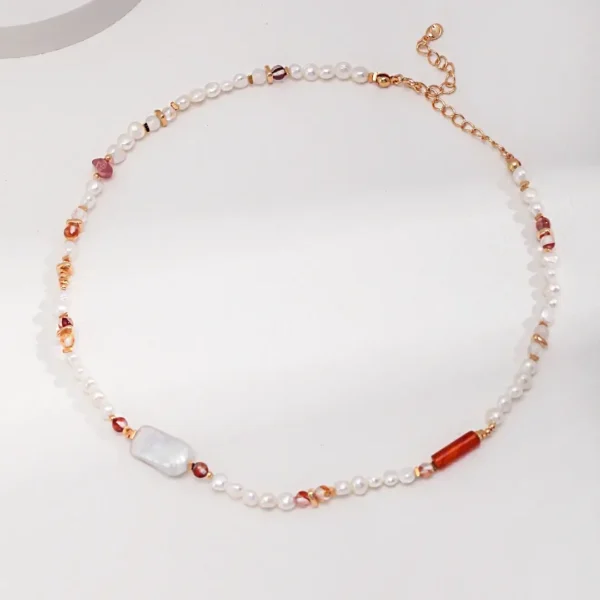 Strawberry Quartz & Baroque Pearl Necklace 01