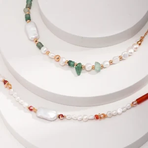 Strawberry Quartz & Baroque Pearl Necklace 02