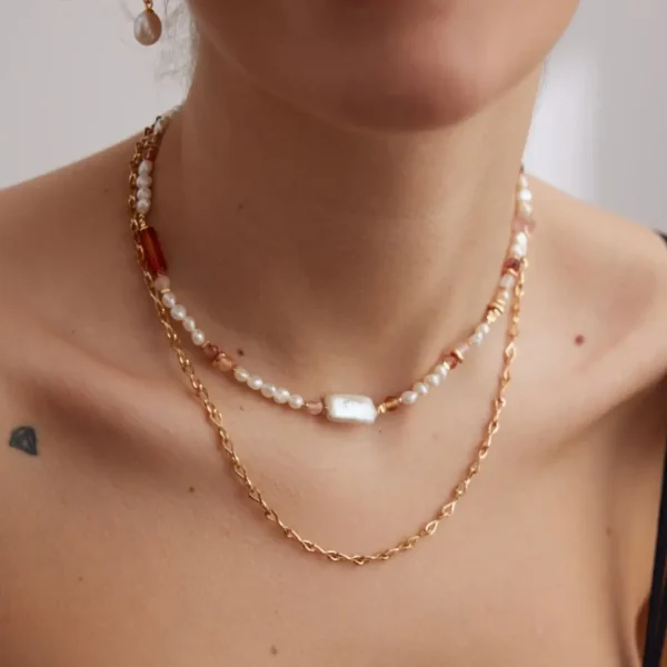 Strawberry Quartz & Baroque Pearl Necklace 06