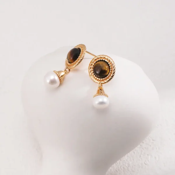 Tiger‘s Eye & Pearl Earrings Drops 01