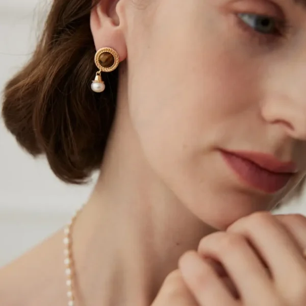 Tiger‘s Eye & Pearl Earrings Drops 03