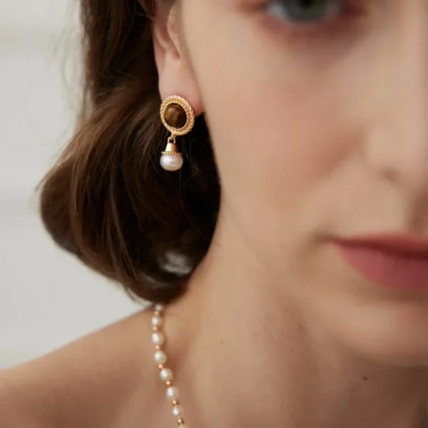 Tiger‘s Eye & Pearl Earrings Drops 04